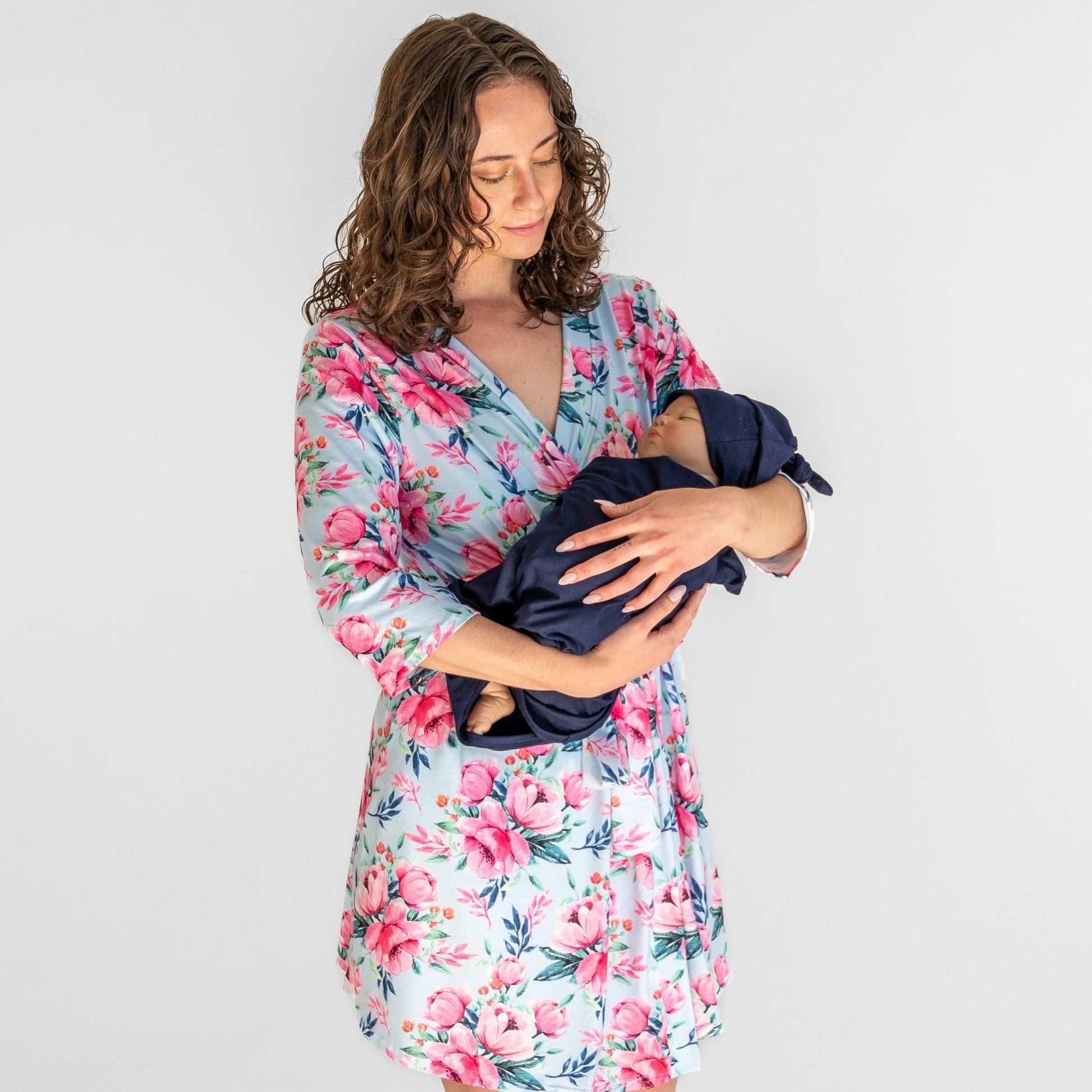 Caroline Floral Robe & Navy Swaddle Set - Double the Sprinkles